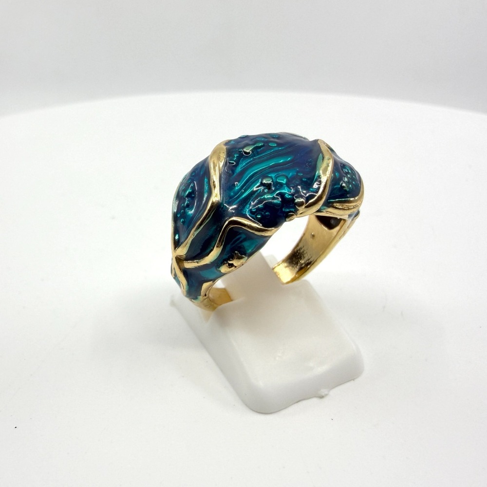 Teal Blue Enamel Gold Tone Swirl Ring - Artisan Boho Statement Piece